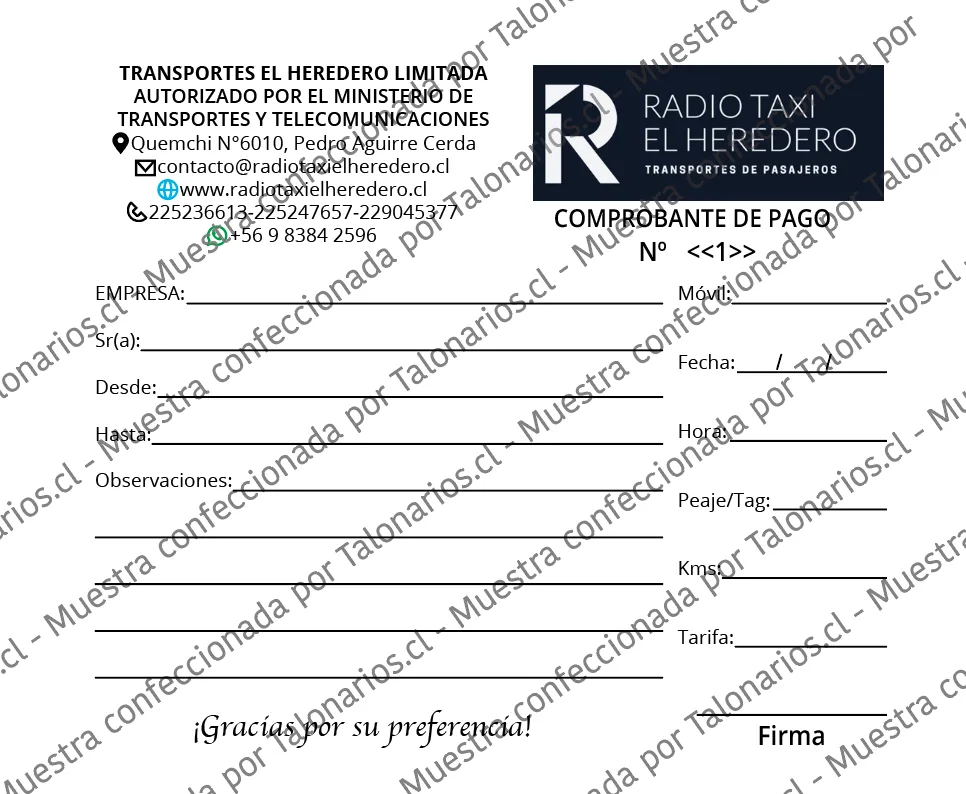 Muestra de taxi en tamaño Cuarto carta