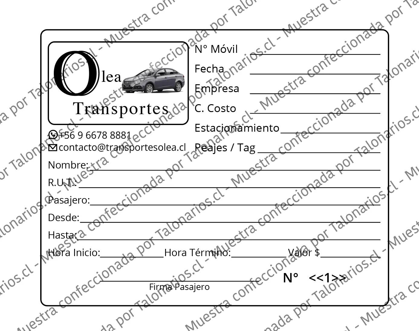 Muestra de taxi en tamaño Cuarto carta